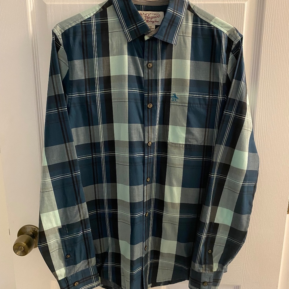 Original Penguin Men's Button Down Shirt, Size S, Green/Mint Plaid